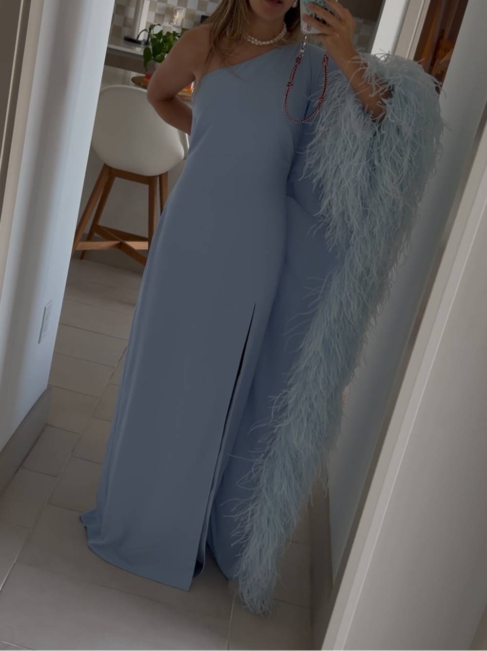 One-Shoulder Feather-Trim Gown in Pale Blue - Picture 5 of 5